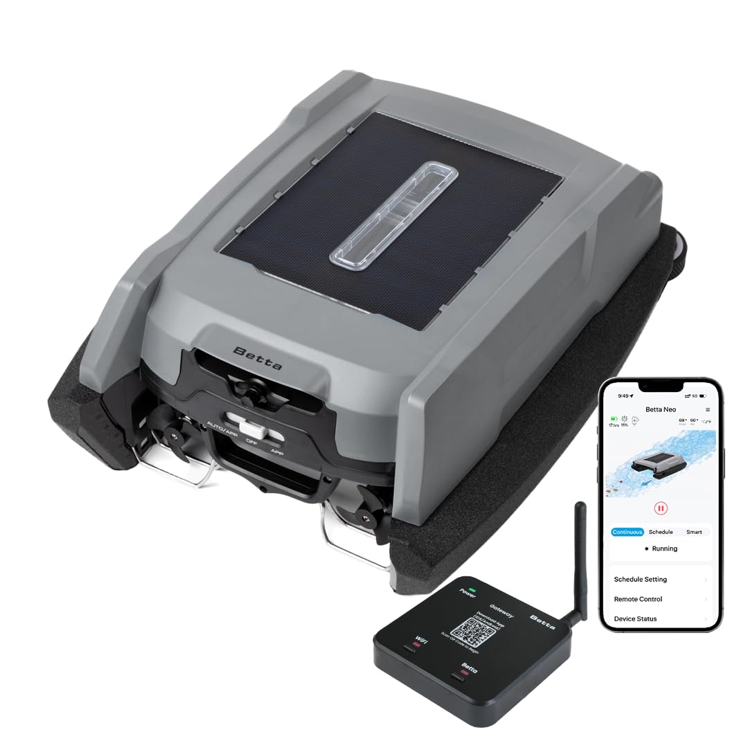 Betta Neo Solar-Powered Robotic Pool Skimmer with App Control & Ultra Long-Range Gateway System, Weather-Adaptive & Scheduled Cleaning, Dual Charging Options, for In-Ground & Above-Ground Pools (Blue)